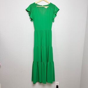 Weslee Rose Green Tiered Maxi Dress V-Neck Ruffle Sleeve Waist Tie Womens Medium